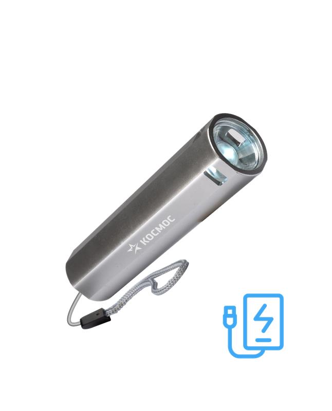Рекомендуем купить Фонарь аккумуляторный ручной LED 1Вт линза аккум. Li-ion 18650 1.2А.ч Power-bank USB-шнур ABS-пластик КОСМОС KOS116Lit