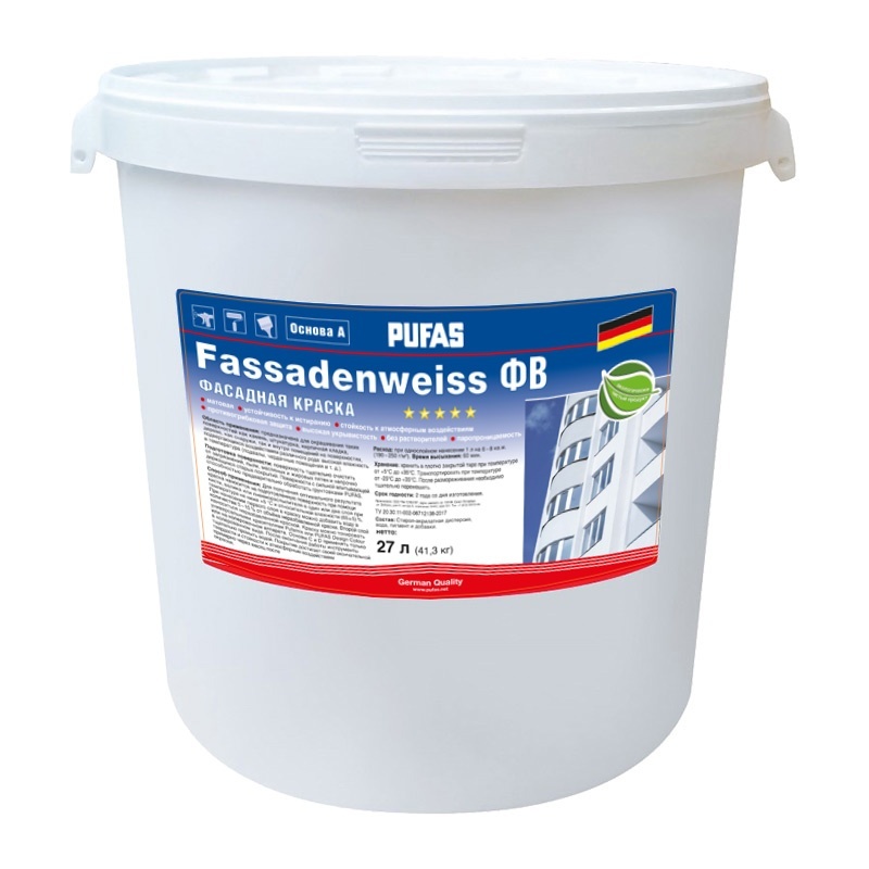 Рекомендуем купить Краска фасадная Pufas Fassadenweiss D, мороз. (27 л)