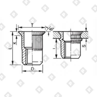 Заклепка M5x13.5 с внутренней резьбой и потайным бортиком, с насечками, оц. сталь - №2