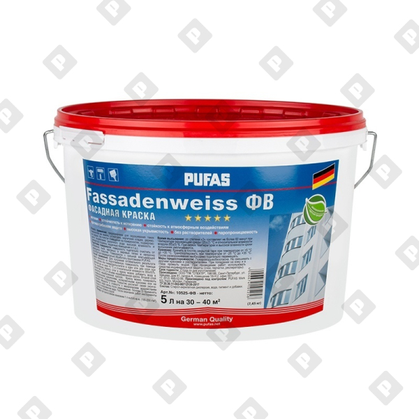 Краска фасадная Pufas Fassadenweiss A, белая, мороз. (5 л) - №1